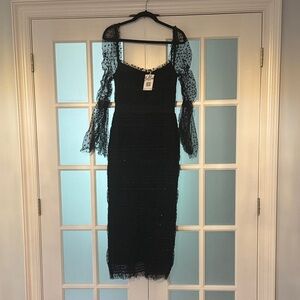Bella Barnett Black Lace Midi Dress with Sheer Polka-Dot Long Sleeves